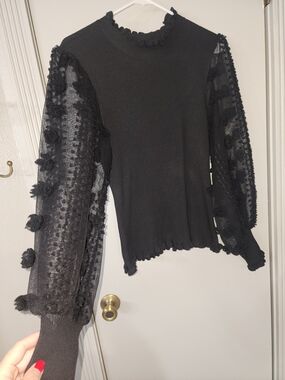 Almost Famous Black Knit Top with Pom-Trim Sheer Sleeves